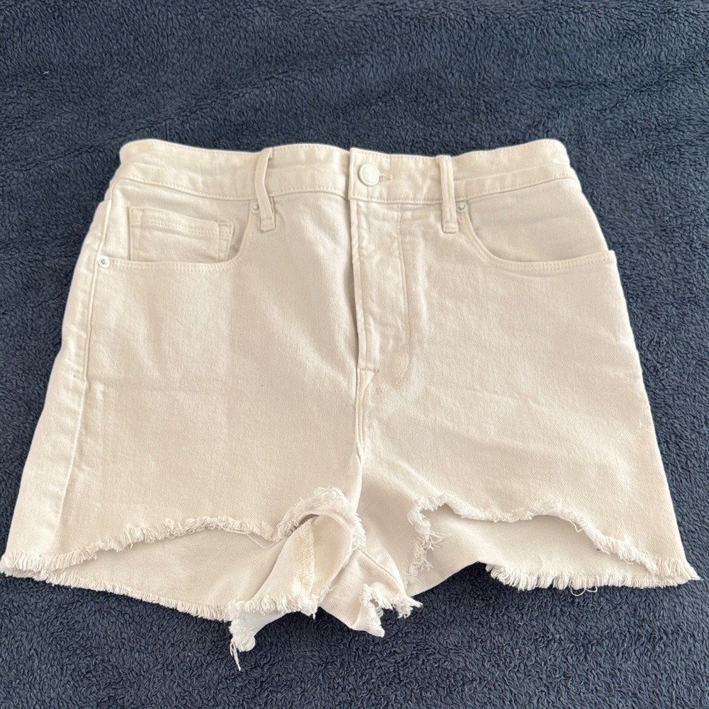 Good American White High Waisted Frayed Hem Denim Shorts